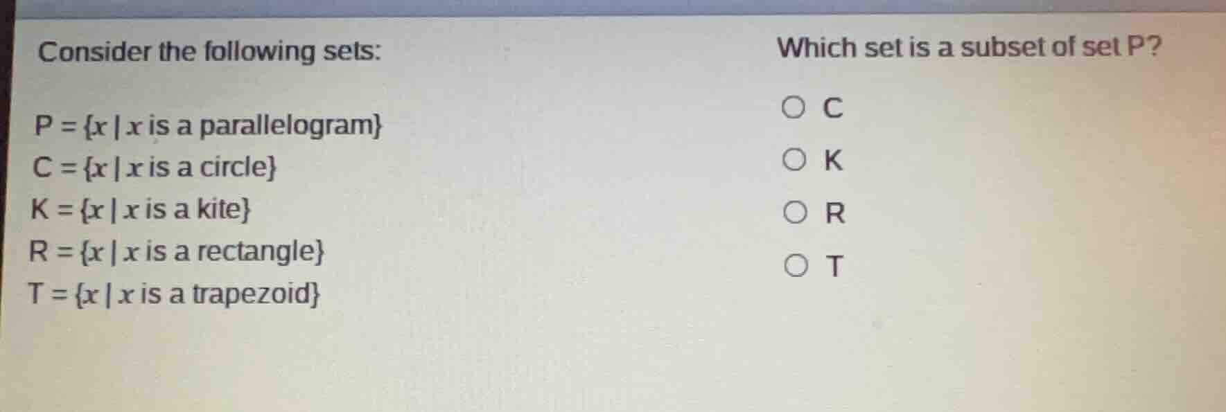 consider the following sets: p = {x | x is a parallelogram} c = {x | x …