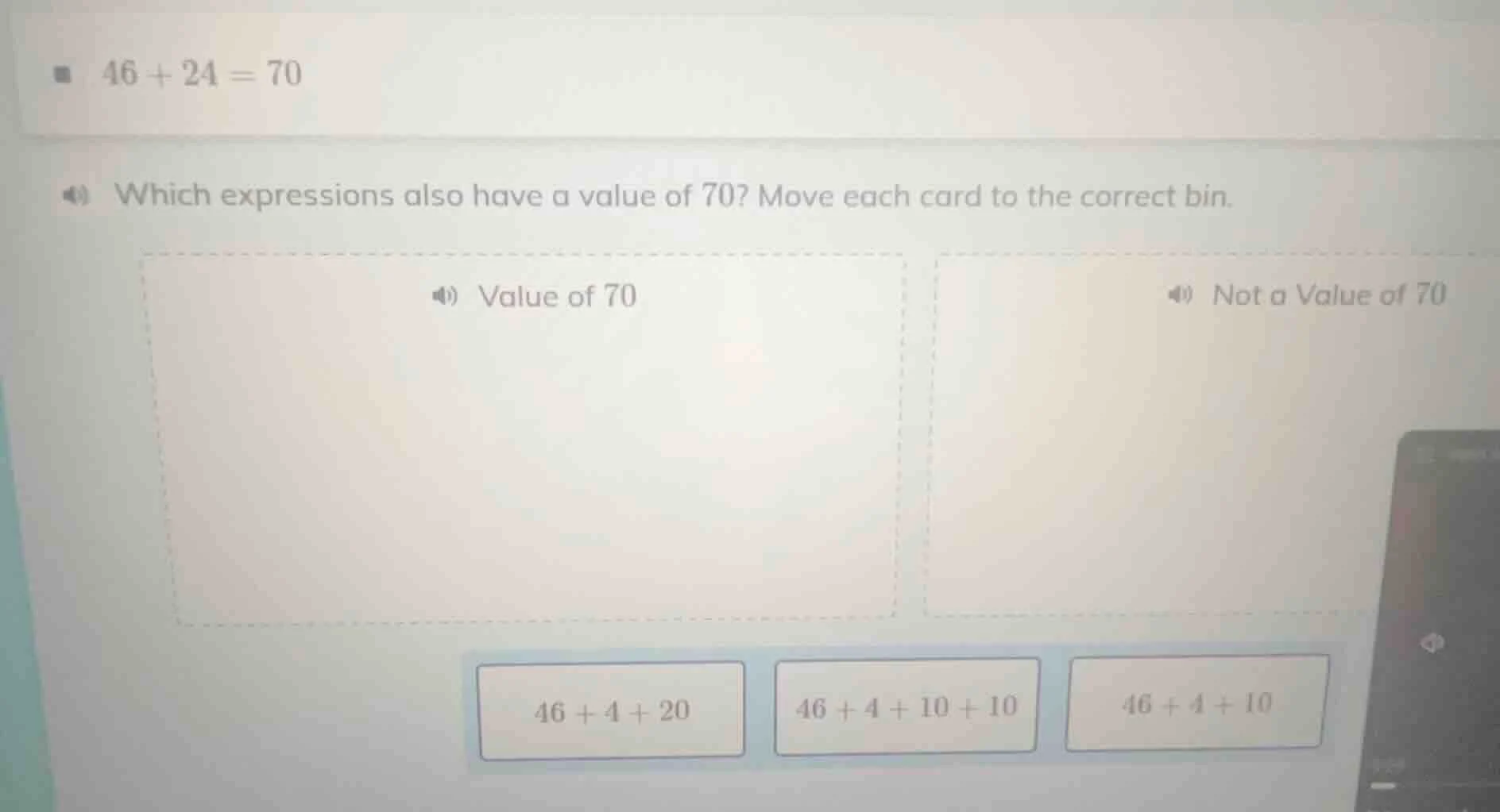 46 + 24 = 70 which expressions also have a value of 70? move each card …