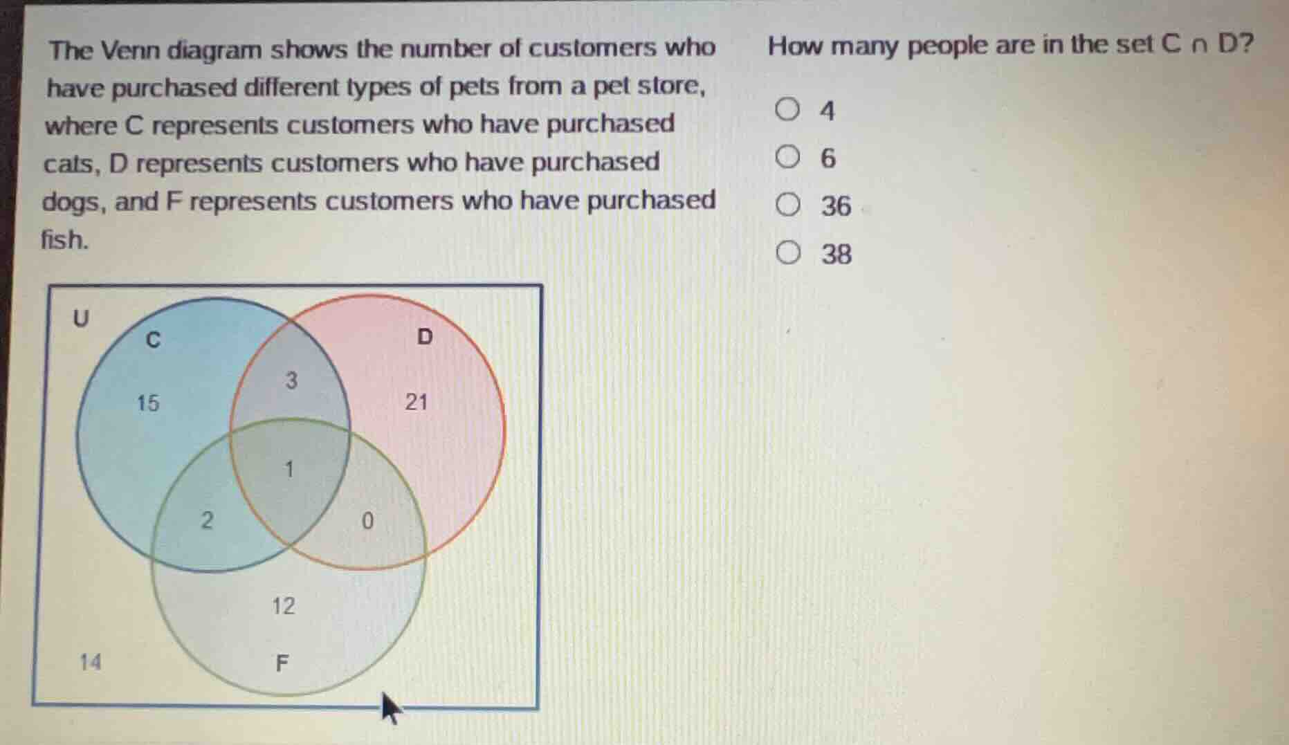 the venn diagram shows the number of customers who have purchased diffe…