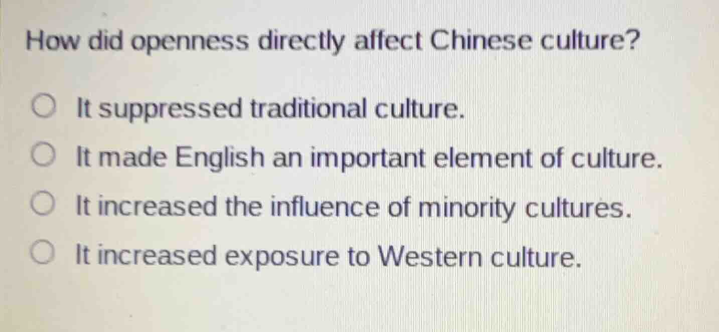 how did openness directly affect chinese culture? it suppressed traditi…