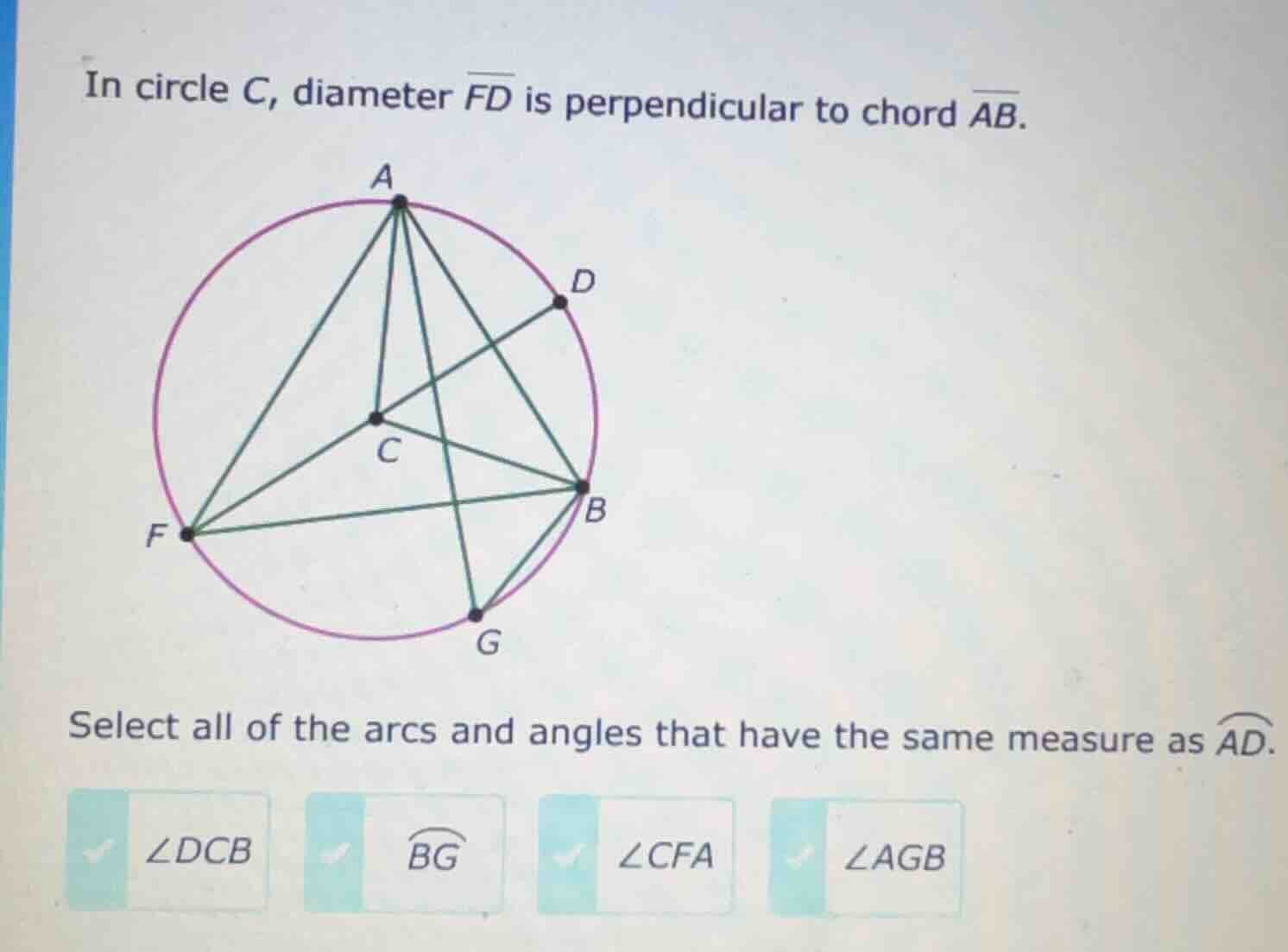in circle c, diameter \\(\\overline{fd}\\) is perpendicular to chord \\…