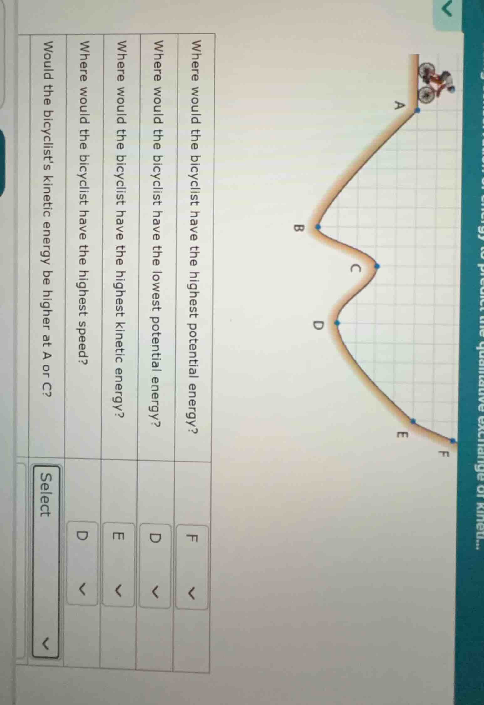 where would the bicyclist have the highest potential energy? f \ where …