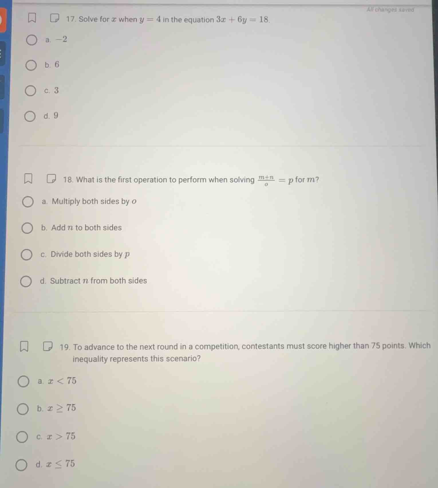 17. solve for ( x ) when ( y = 4 ) in the equation ( 3x + 6y = 18 ). ( …