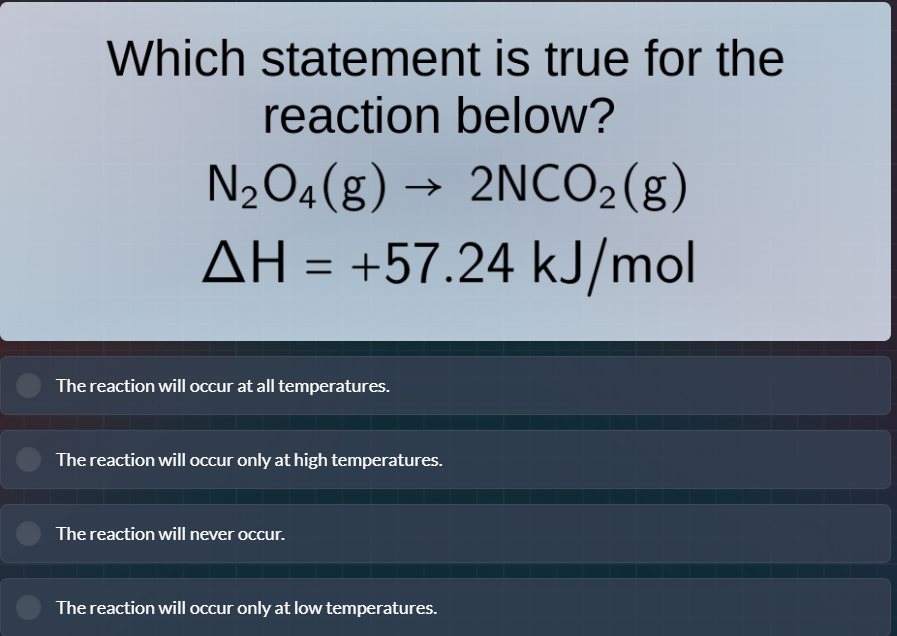 which statement is true for the reaction below?\ $\\ce{n_{2}o_{4}(g) \ …
