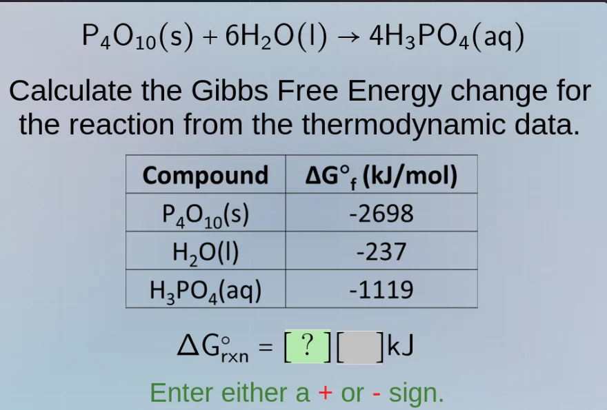 p₄o₁₀(s) + 6h₂o(l) → 4h₃po₄(aq) calculate the gibbs free energy change …