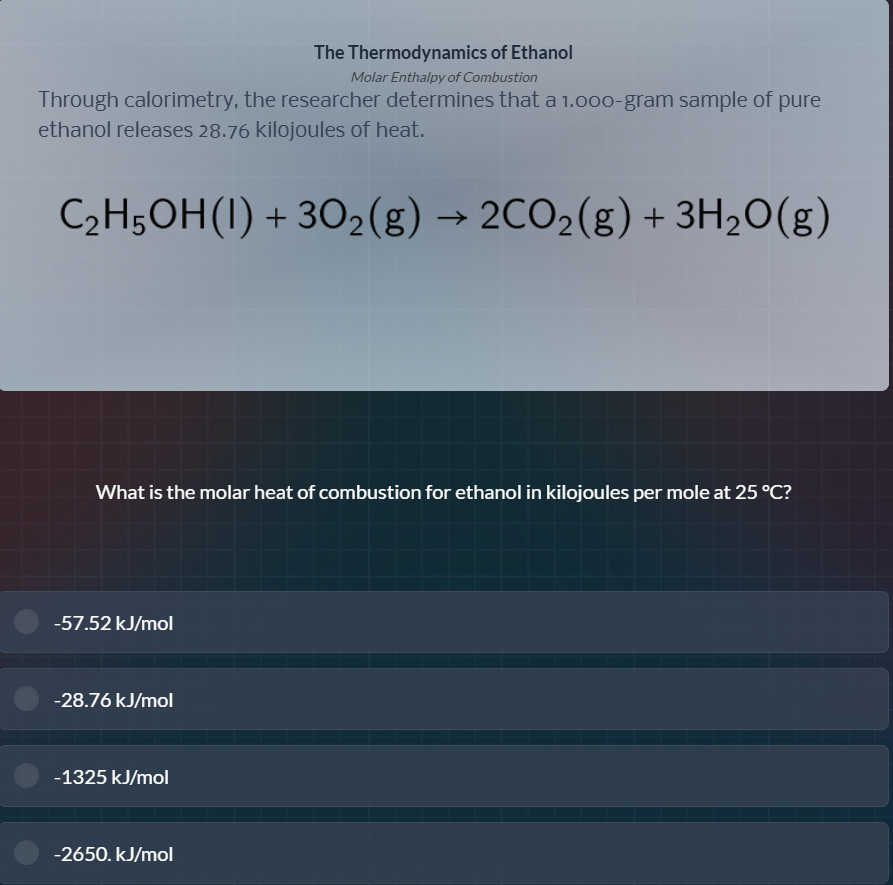 the thermodynamics of ethanol molar enthalpy of combustion through calo…