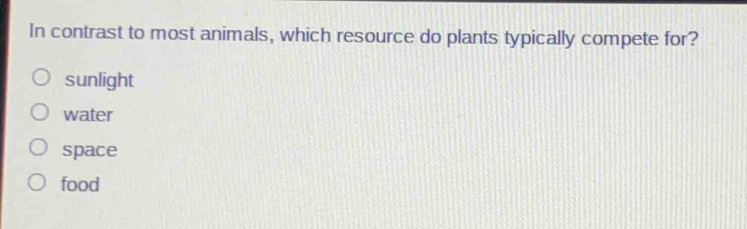 in contrast to most animals, which resource do plants typically compete…