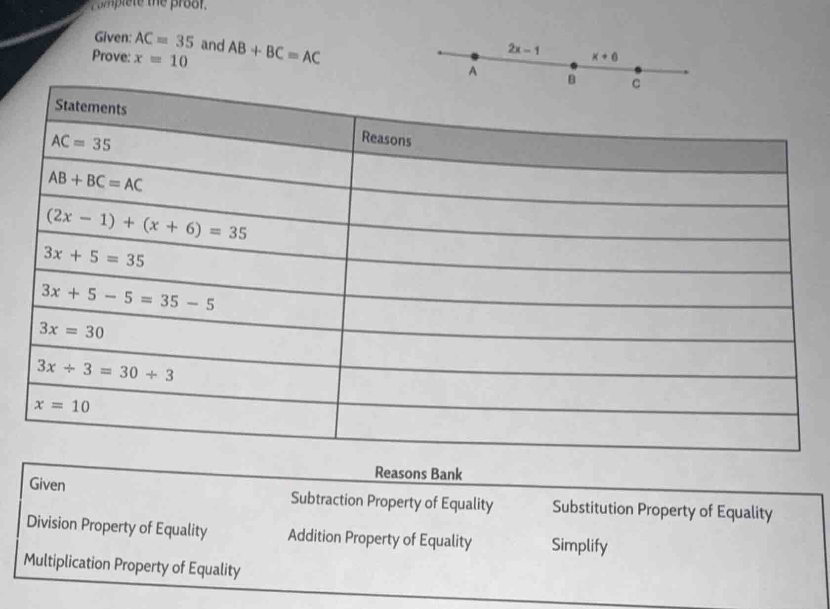 complete the proof. given: ( ac = 35 ) and ( ab + bc = ac ) prove: ( x …