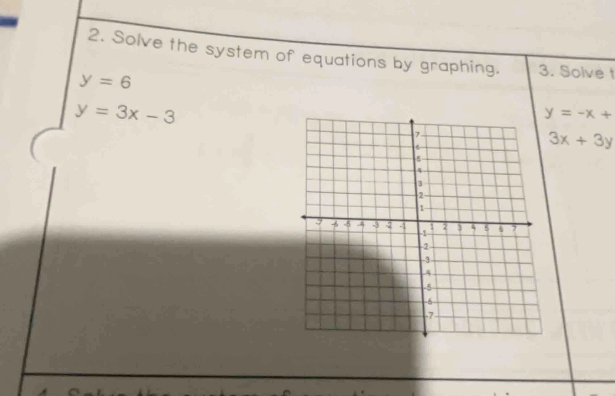 2. solve the system of equations by graphing. y = 6 y = 3x - 3 3. solve…
