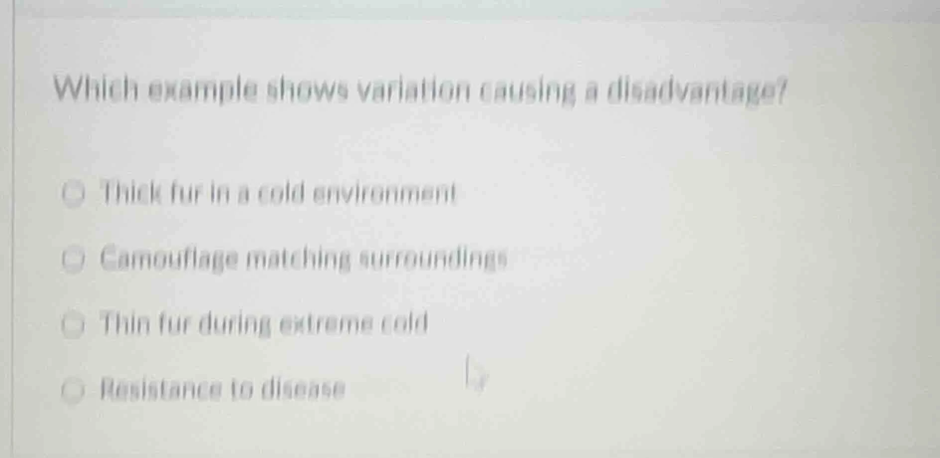 which example shows variation causing a disadvantage? thick fur in a co…