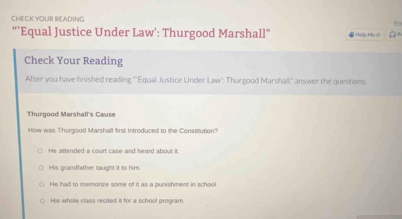 check your reading \equal justice under law: thurgood marshall\ check y…