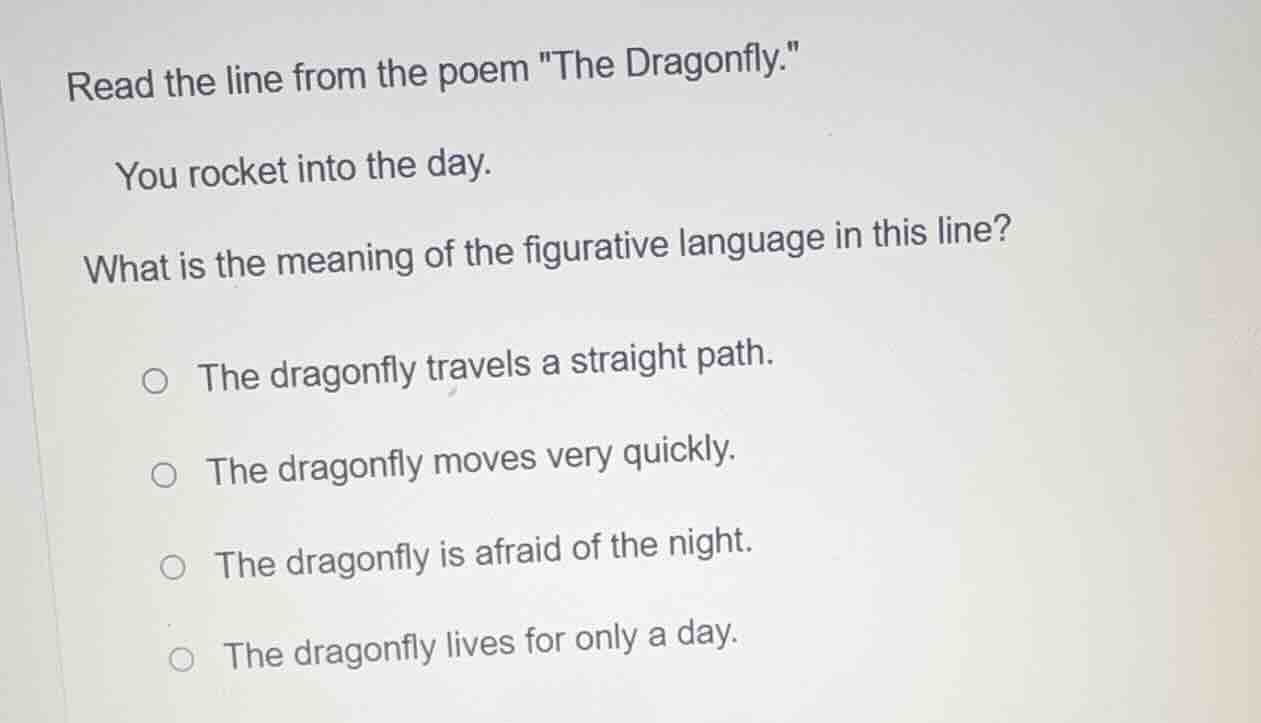 read the line from the poem \the dragonfly.\ you rocket into the day. w…