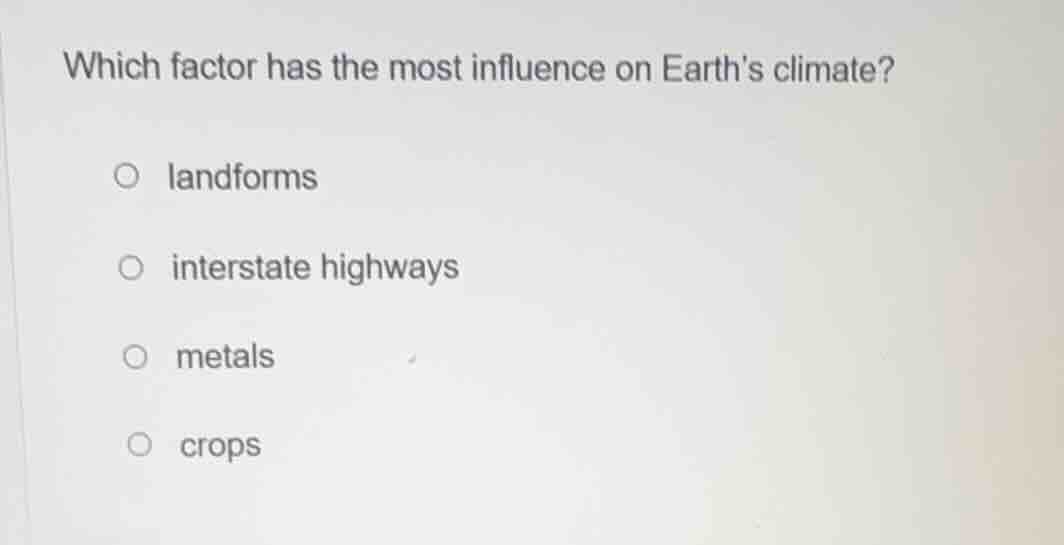 which factor has the most influence on earths climate? landforms inters…