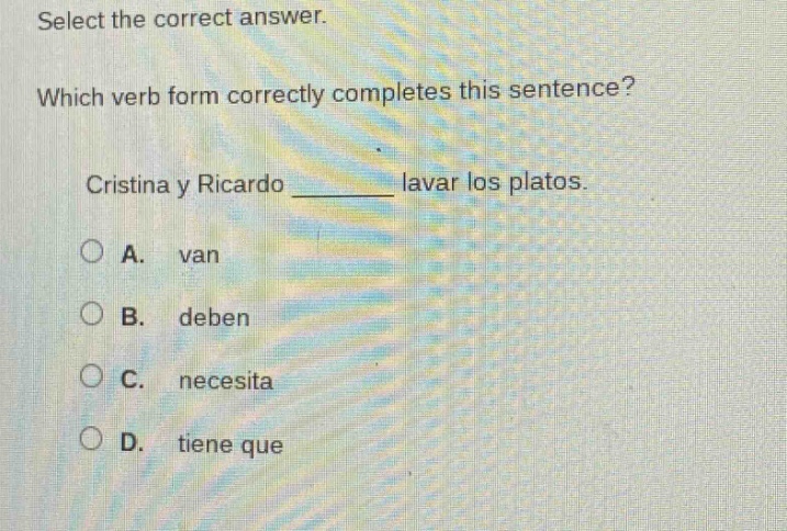 select the correct answer. which verb form correctly completes this sen…