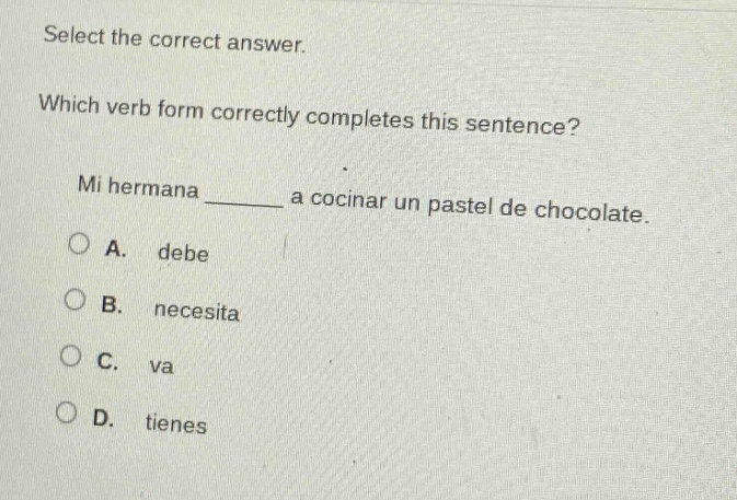 select the correct answer. which verb form correctly completes this sen…