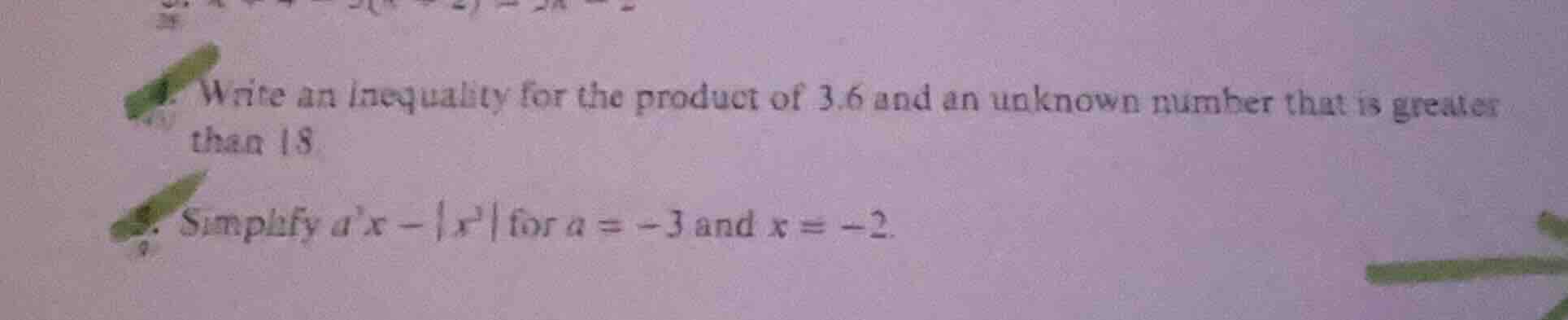 4. write an inequality for the product of 3.6 and an unknown number tha…