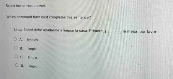 select the correct answer. which command form best completes this sente…