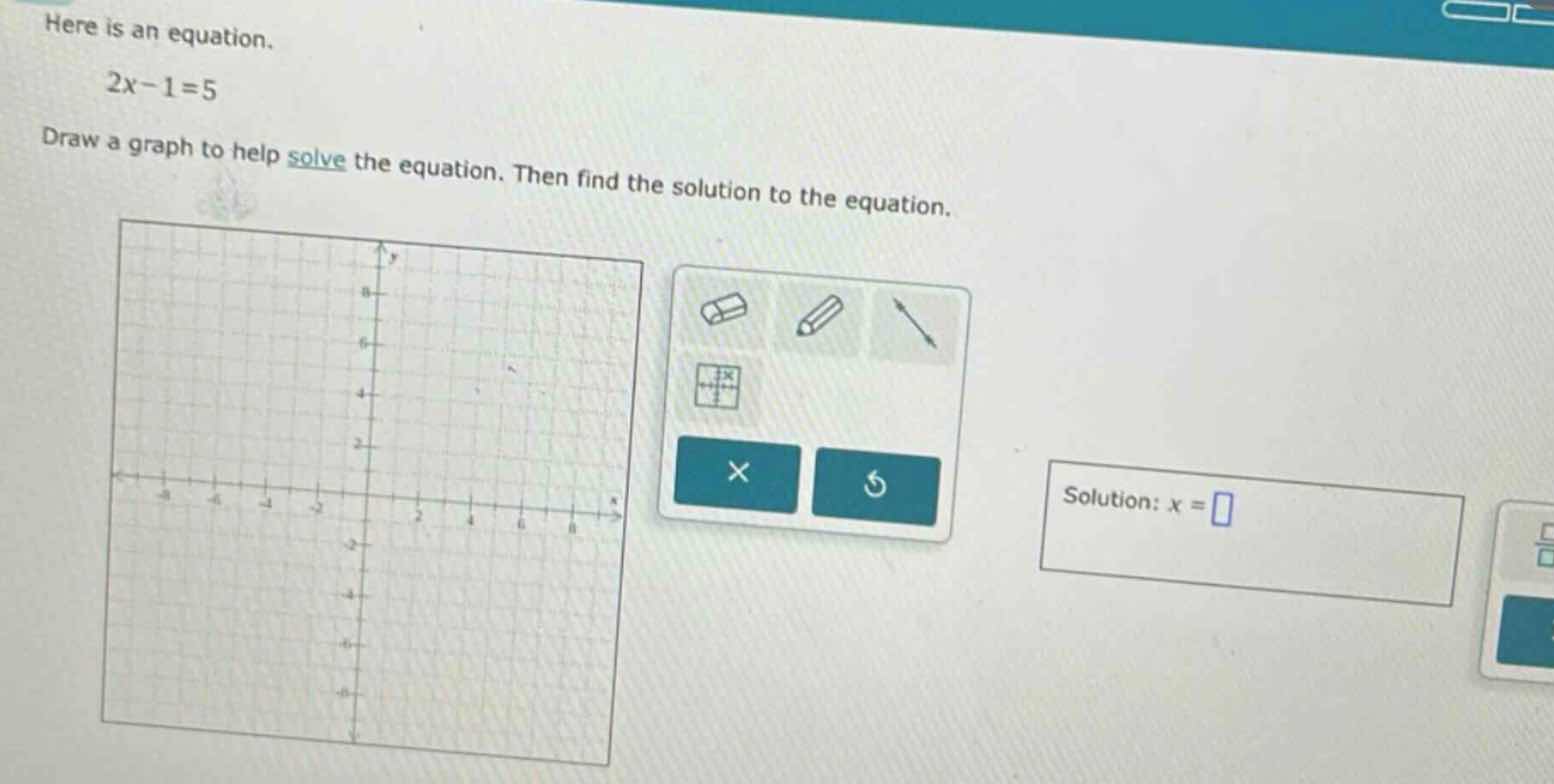 here is an equation. \\(2x - 1 = 5\\) draw a graph to help solve the eq…