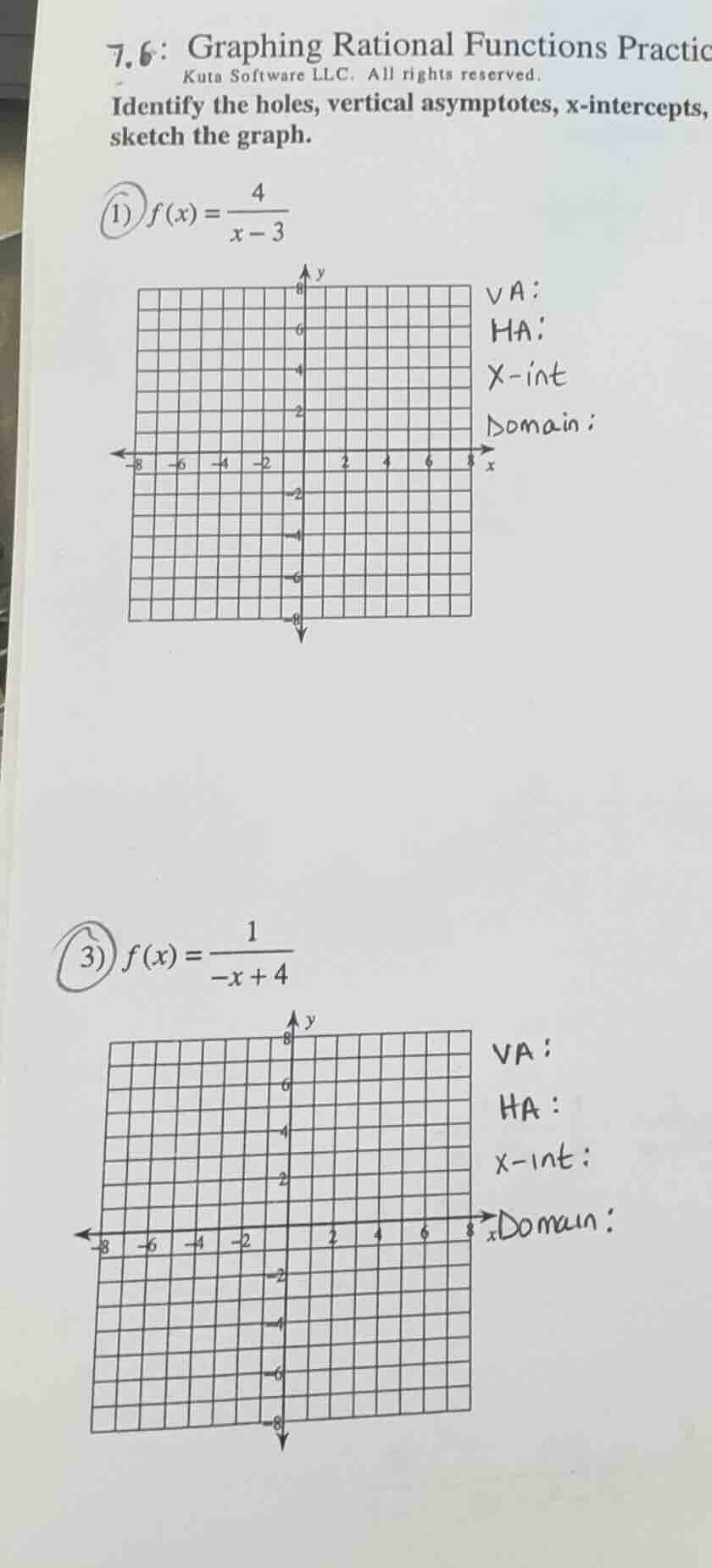 7.6: graphing rational functions practic kuta software llc. all rights …