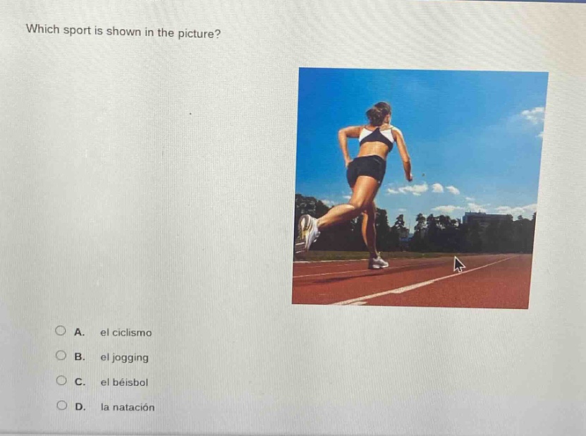 which sport is shown in the picture? a. el ciclismo b. el jogging c. el…