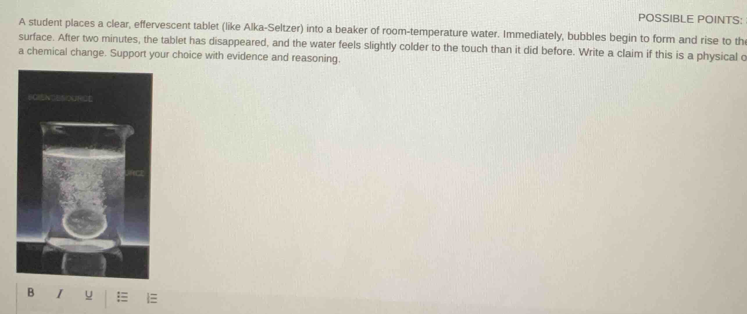 a student places a clear, effervescent tablet (like alka - seltzer) int…