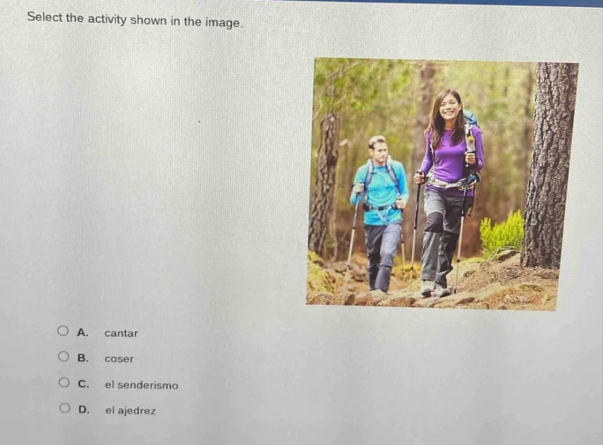 select the activity shown in the image. a. cantar b. coser c. el sender…