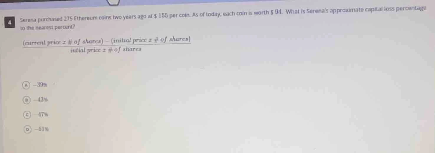 serena purchased 275 ethereum coins two years ago at $ 155 per coin. as…