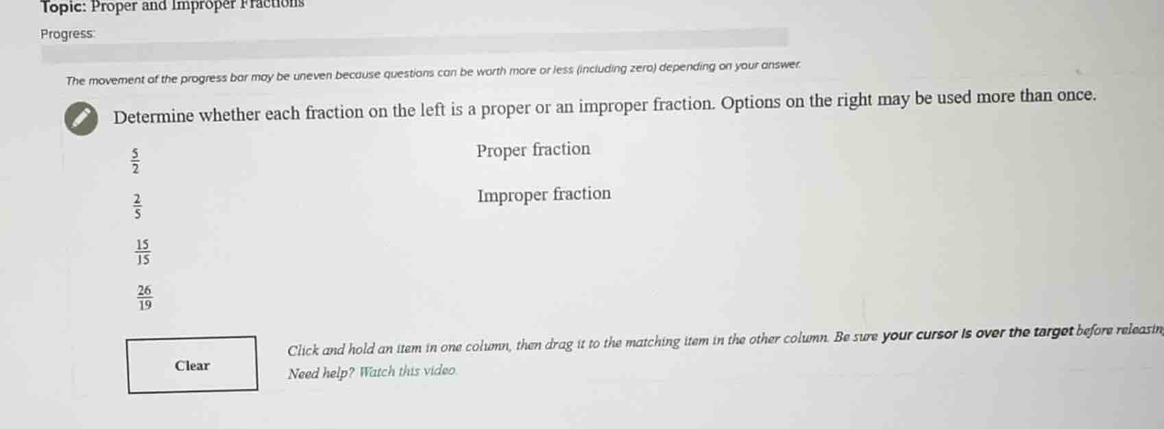 topic: proper and improper fractions progress: the movement of the prog…