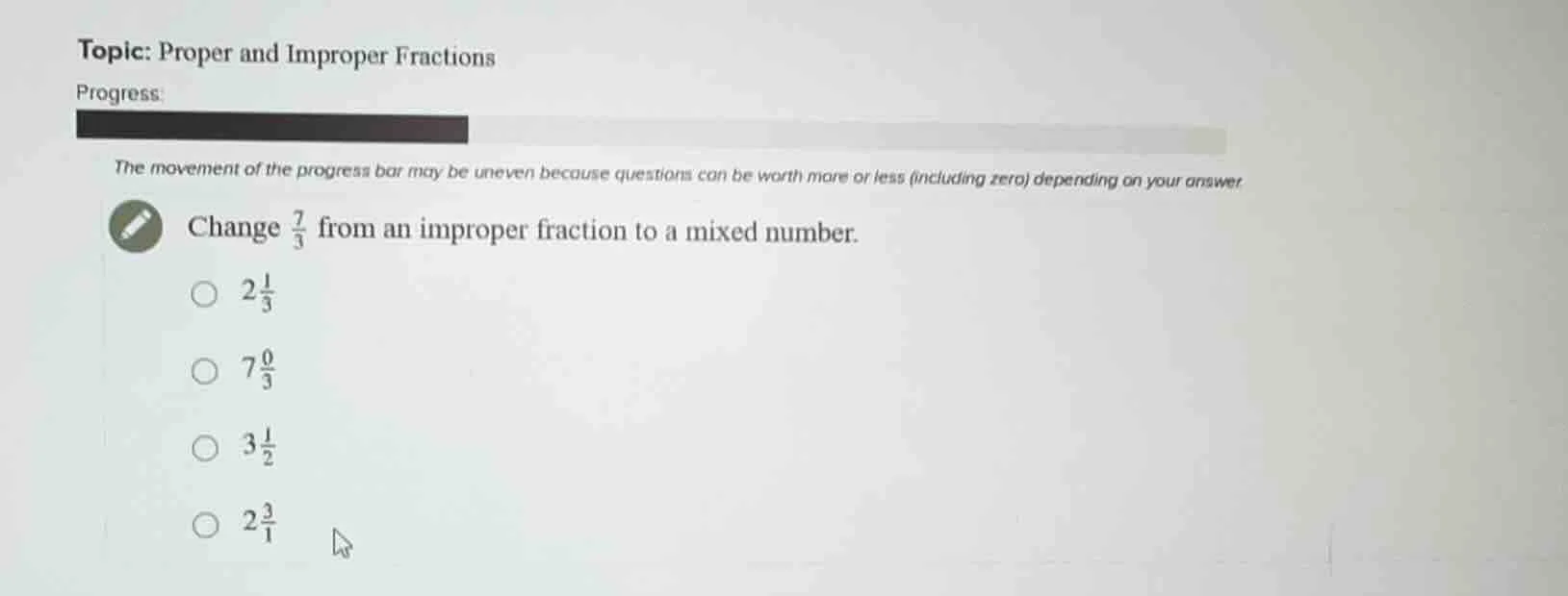 topic: proper and improper fractions progress: the movement of the prog…