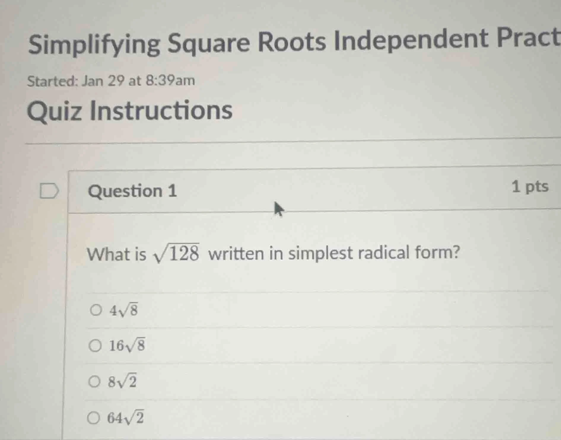 simplifying square roots independent pract started: jan 29 at 8:39am qu…