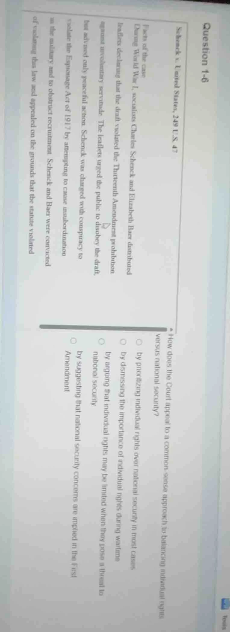 question 1-6 schenck v. united states, 249 u.s. 47 facts of the case du…
