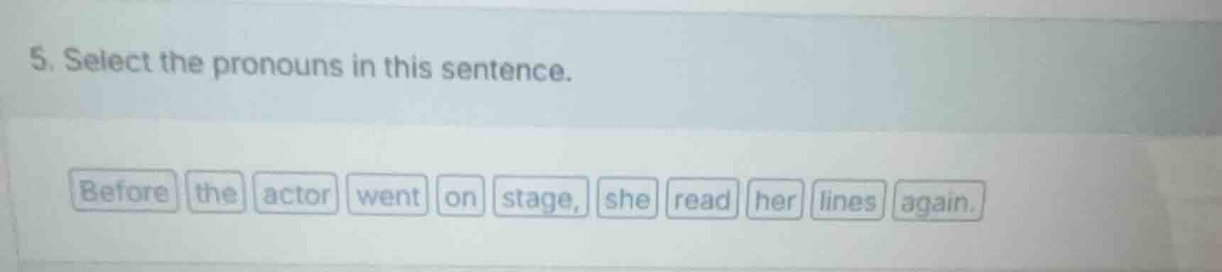 5. select the pronouns in this sentence. before the actor went on stage…