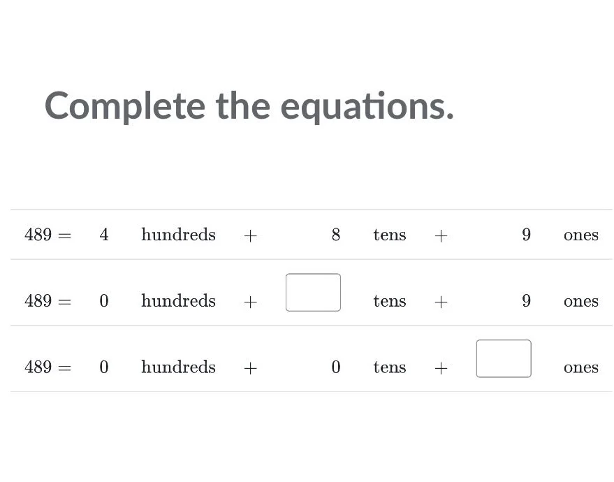 complete the equations. 489 = 4 hundreds + 8 tens + 9 ones 489 = 0 hund…