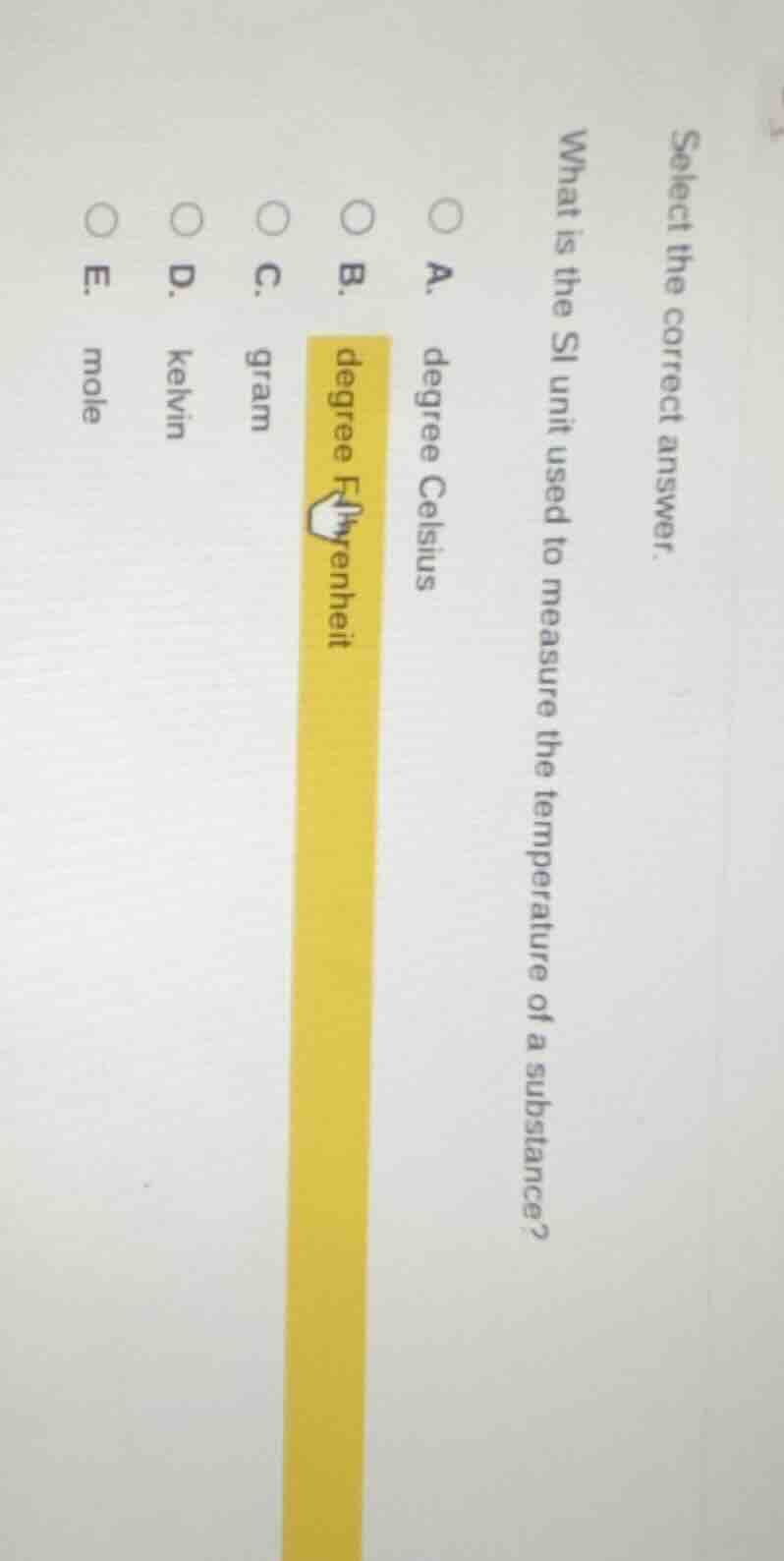 select the correct answer. what is the si unit used to measure the temp…