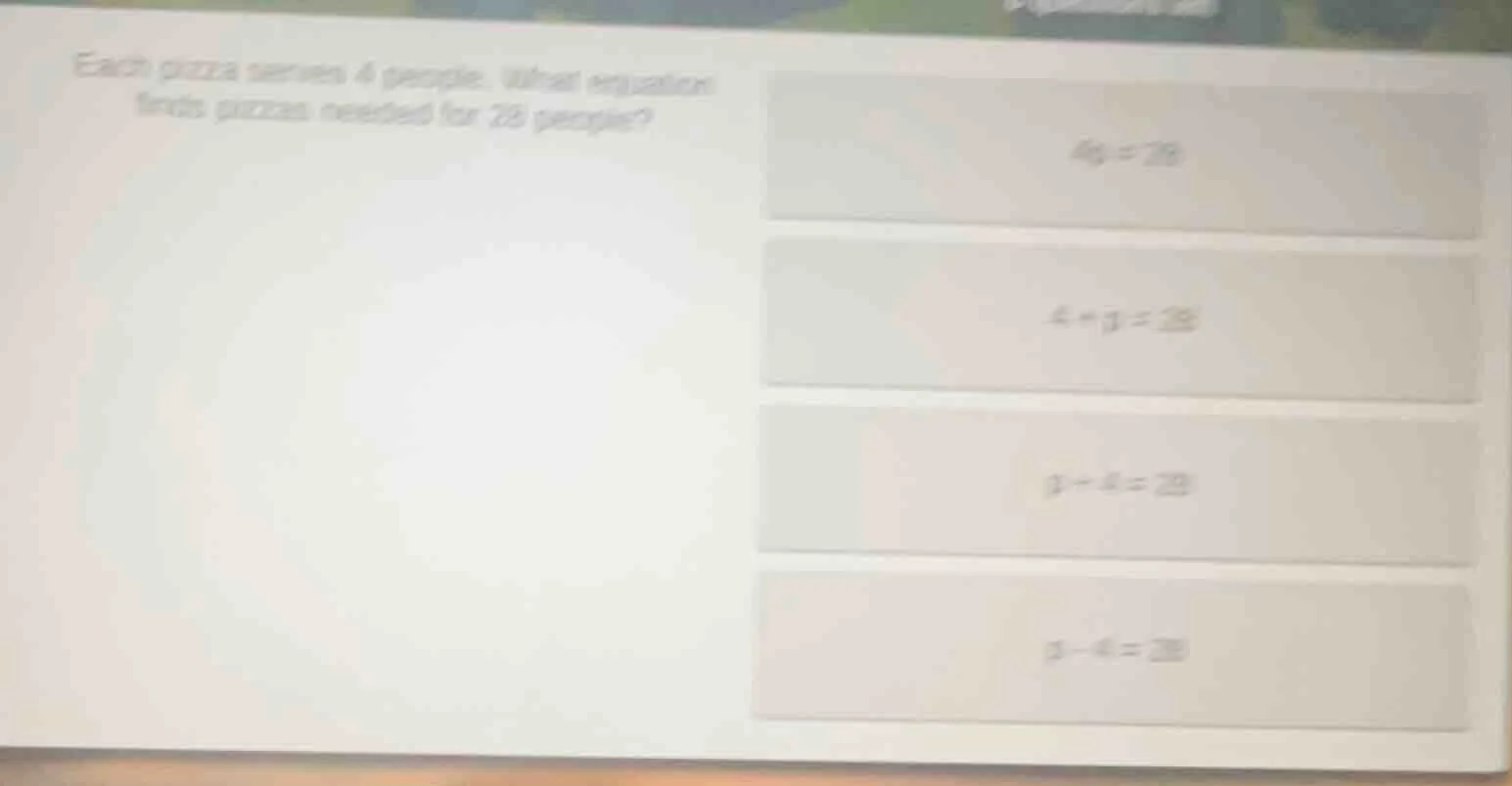 each pizza serves 4 people. what equation finds pizzas needed for 28 pe…