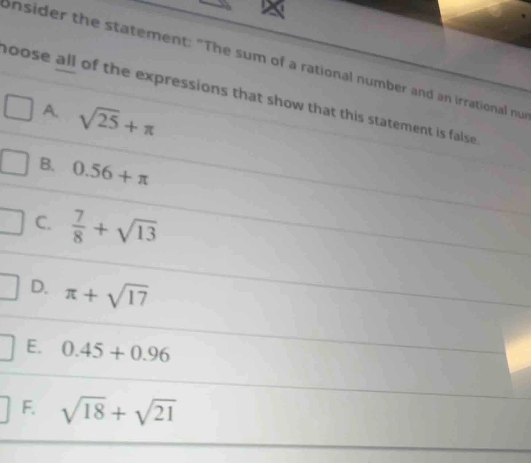 consider the statement: \the sum of a rational number and an irrational…