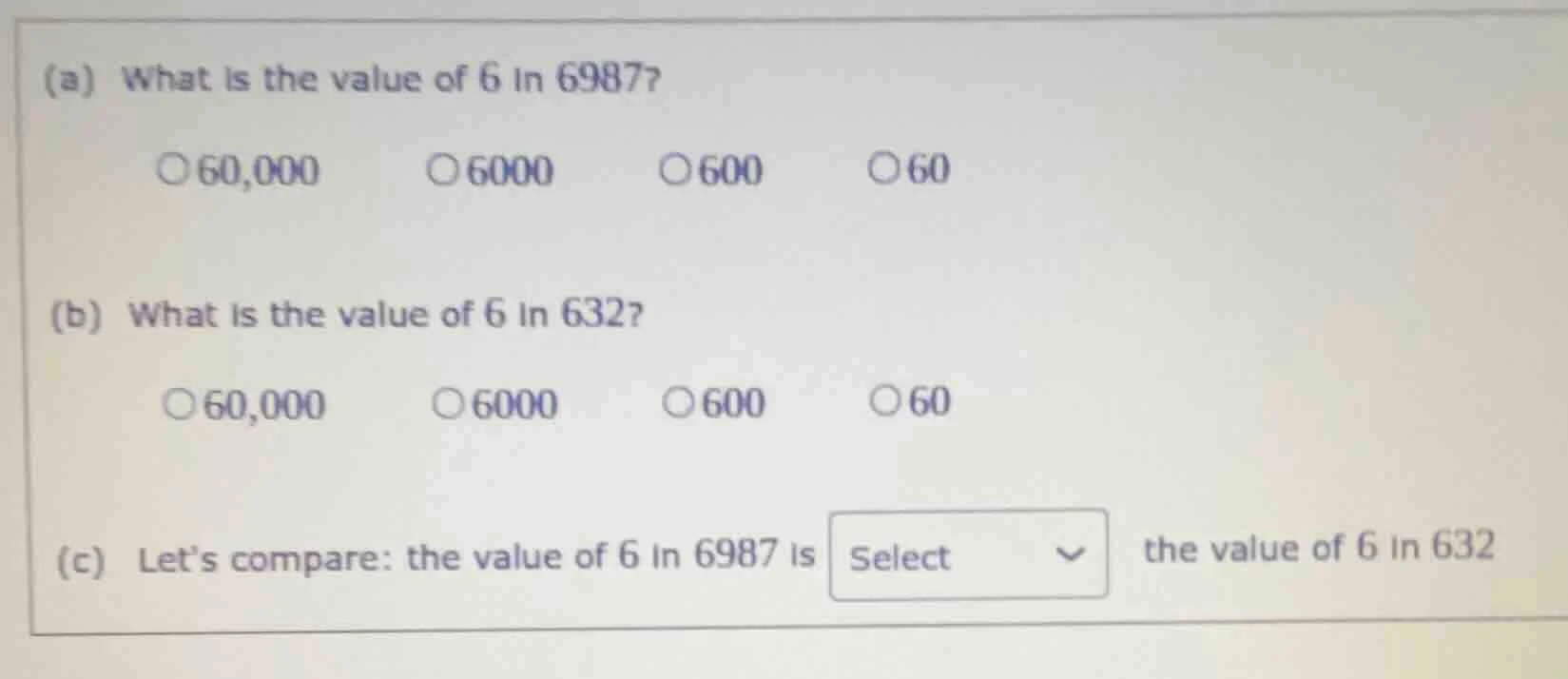 (a) what is the value of 6 in 6987? 60,000 6000 600 60 (b) what is the …