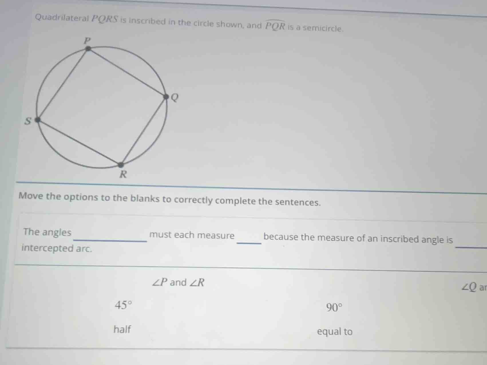 quadrilateral pqrs is inscribed in the circle shown, and \\(\\overarc{p…