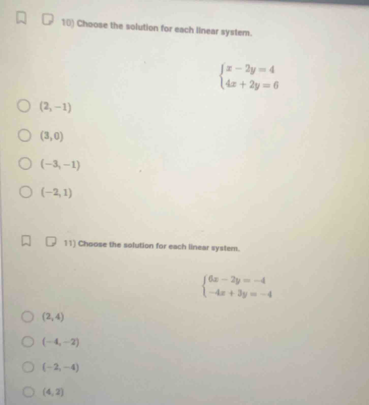 10) choose the solution for each linear system. \\begin{cases}x - 2y = …