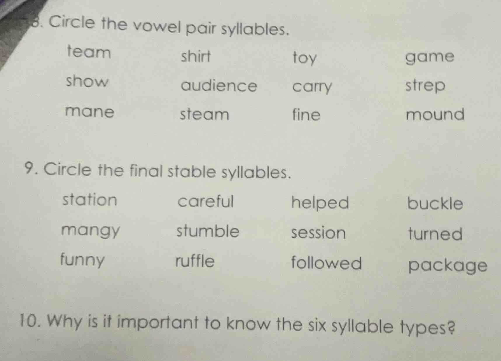 8. circle the vowel pair syllables. team shirt toy game show audience c…
