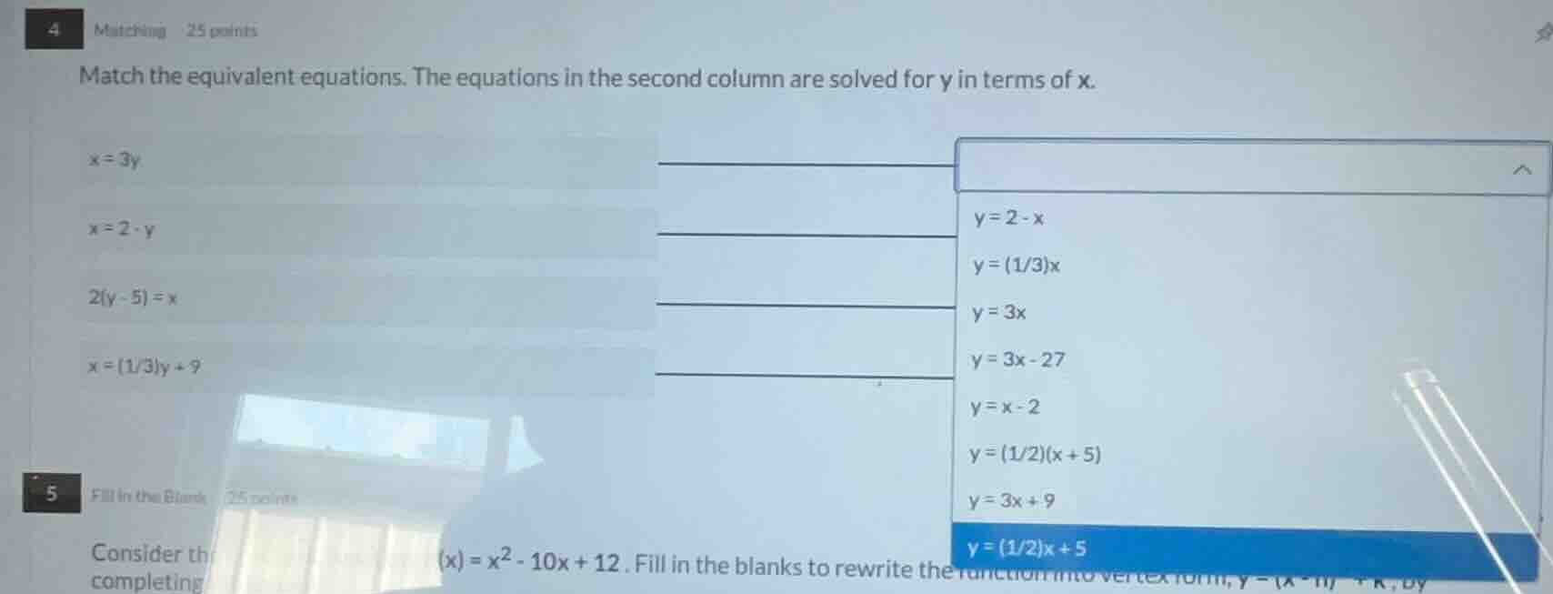 4 matching 25 points match the equivalent equations. the equations in t…
