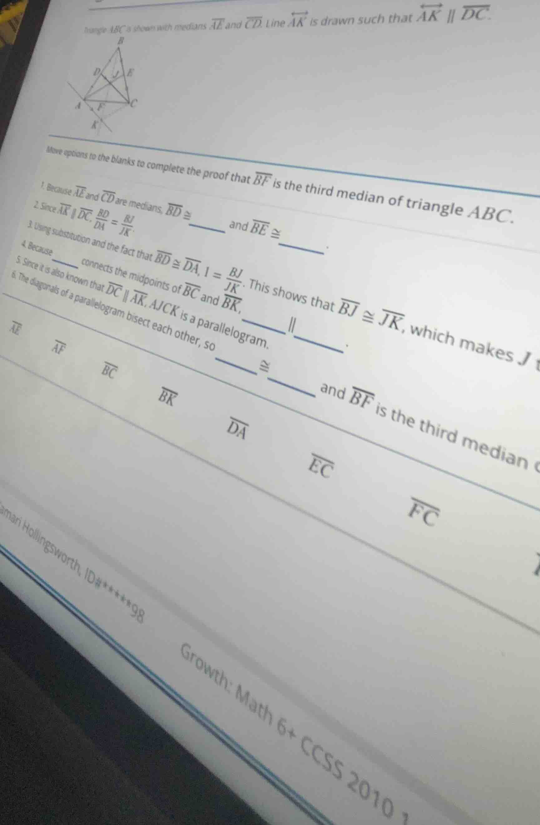 triangle ( abc ) is shown with medians ( overleftrightarrow{ae} ) and (…