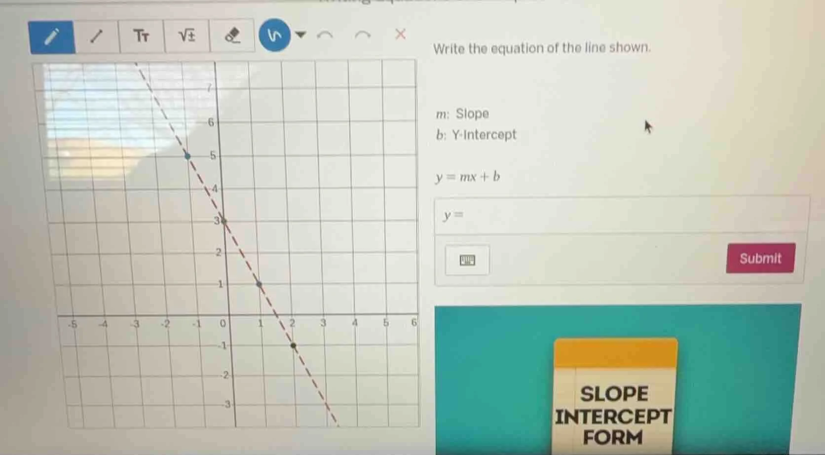 write the equation of the line shown. m: slope b: y - intercept $y = mx…