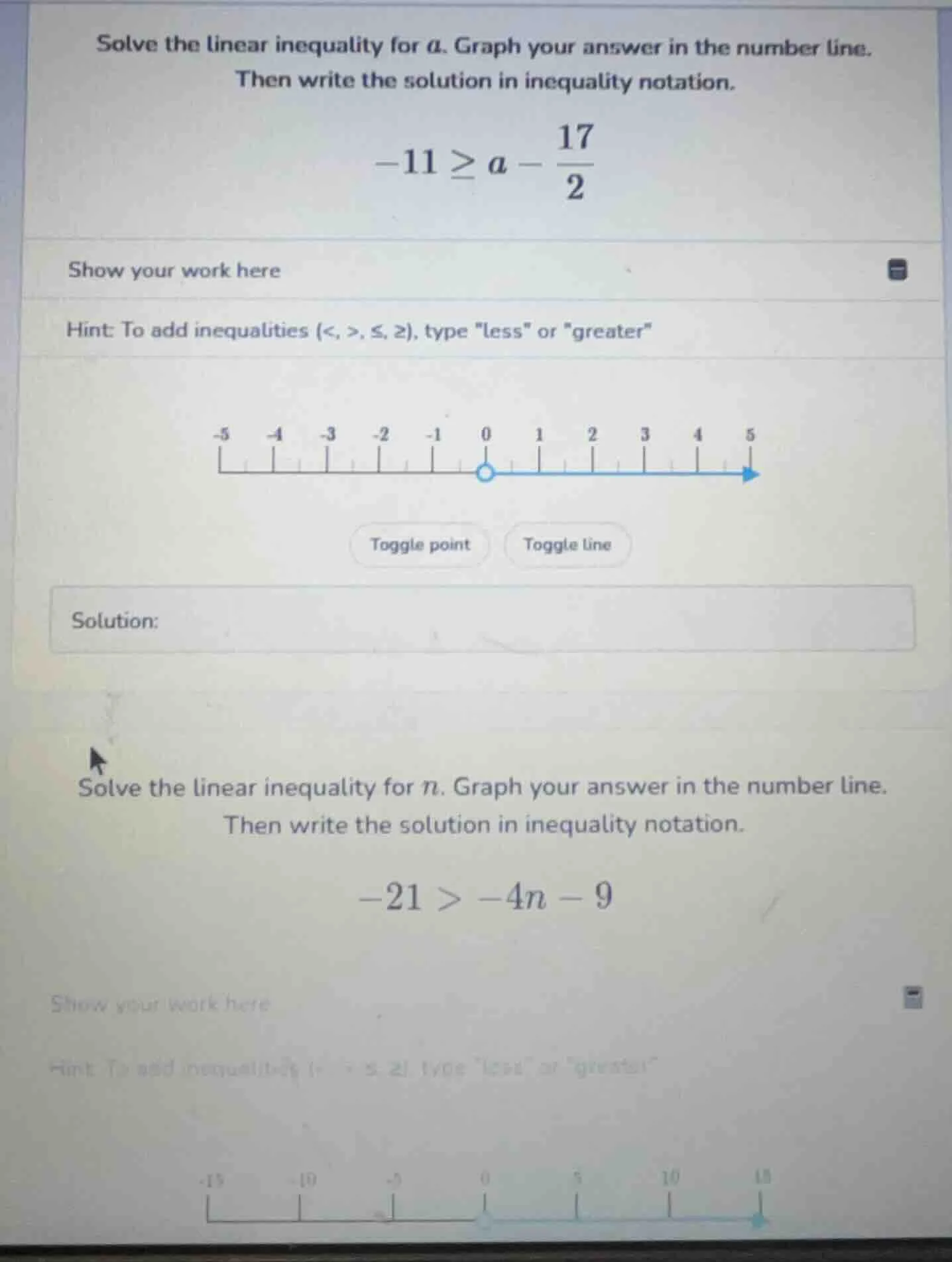solve the linear inequality for a. graph your answer in the number line…