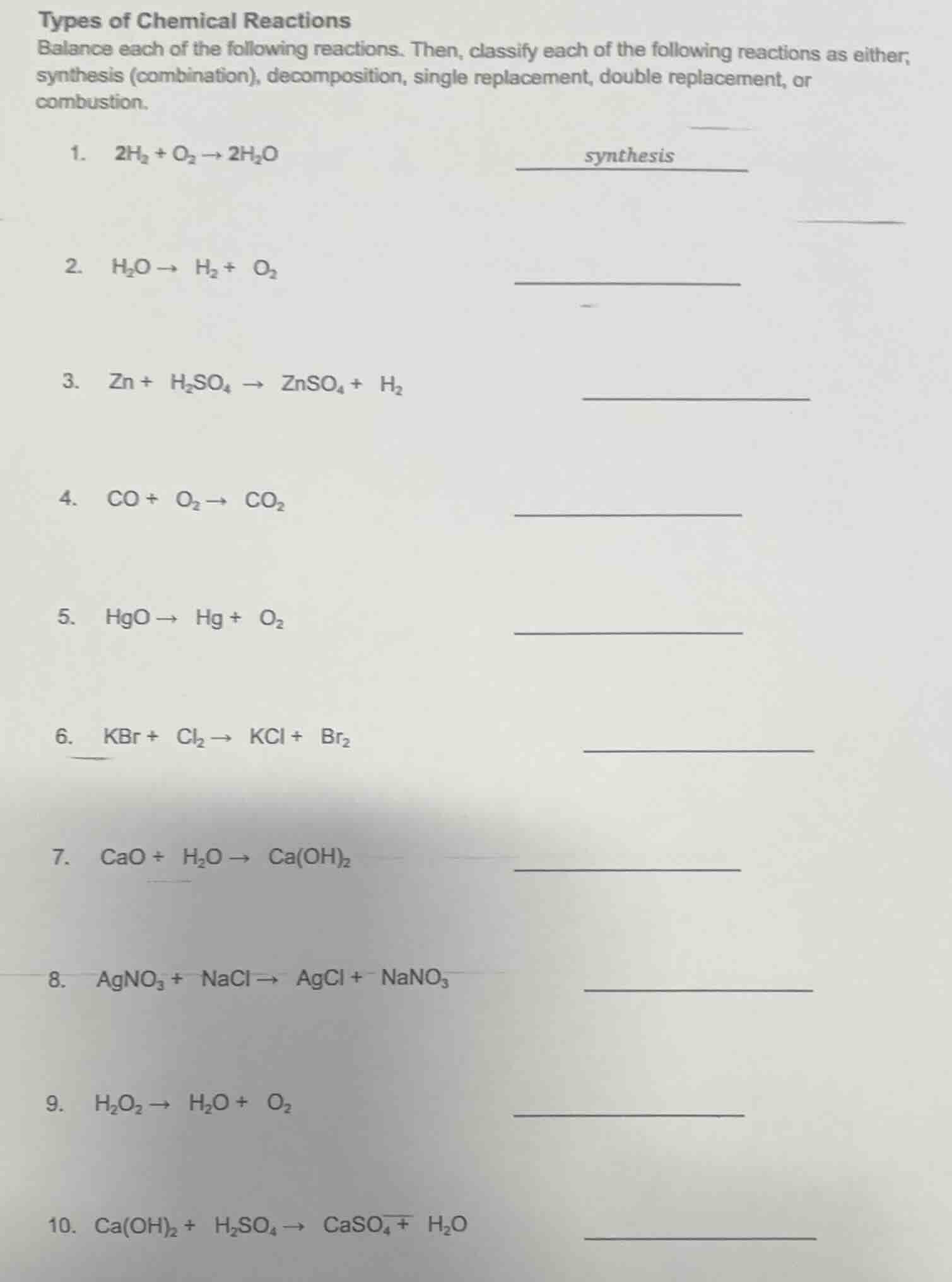 types of chemical reactions balance each of the following reactions. th…