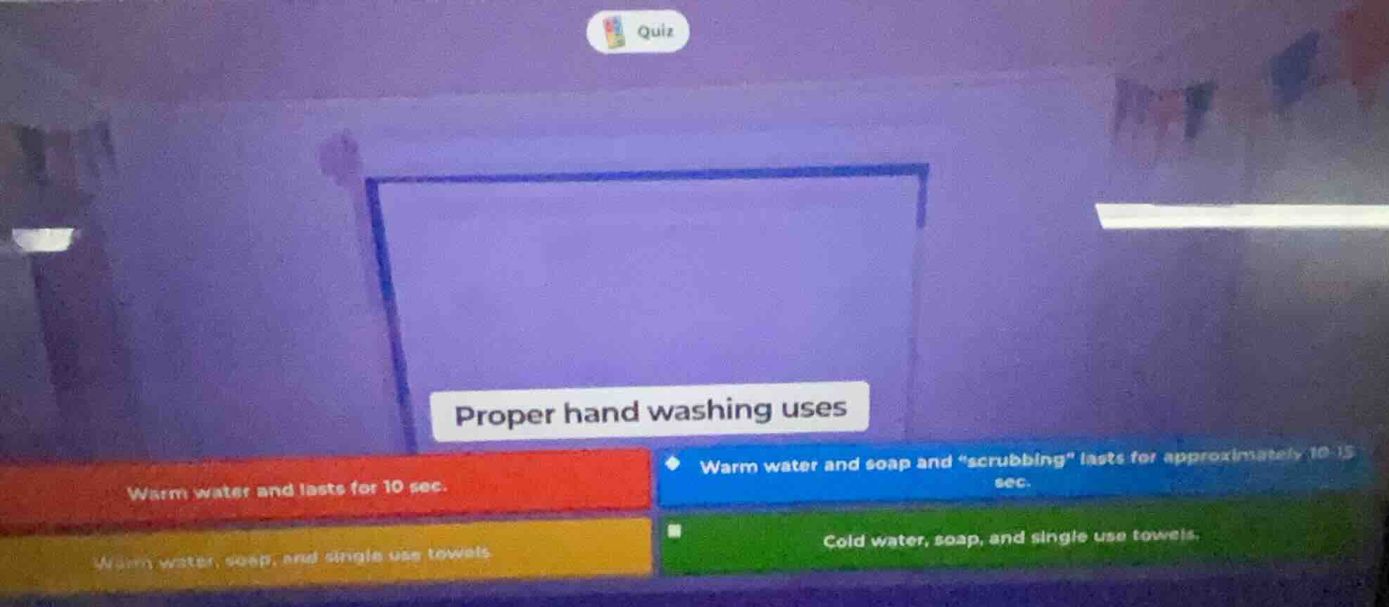 proper hand washing uses warm water and lasts for 10 sec. warm water an…