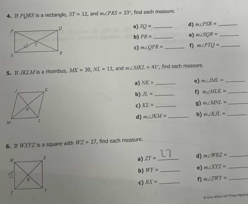 4. if pqrs is a rectangle, ( st = 12 ), and ( mangle prs = 23^{circ} ),…