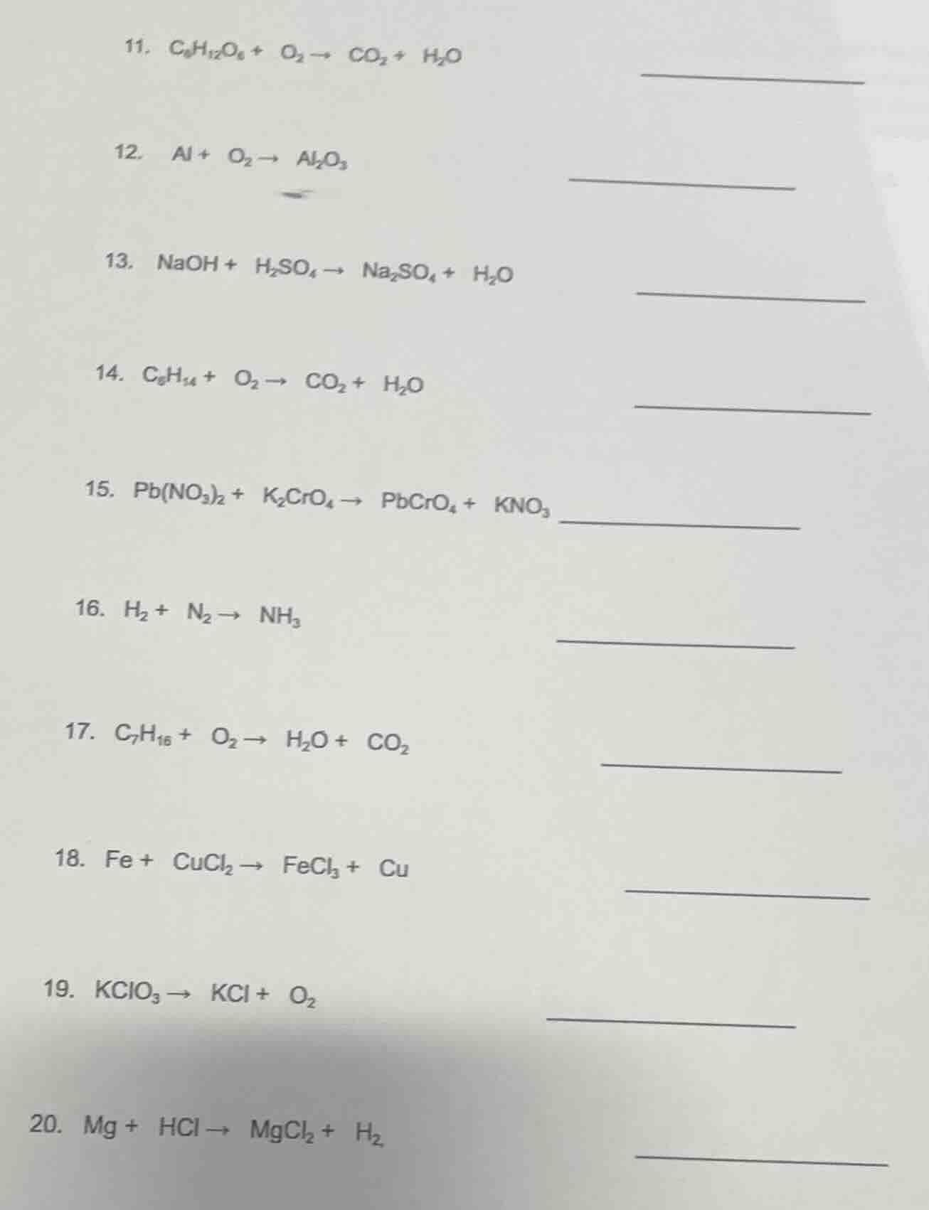 11. $c_6h_{12}o_6 + o_2 \ ightarrow co_2 + h_2o$ 12. $al + o_2 \ ightar…