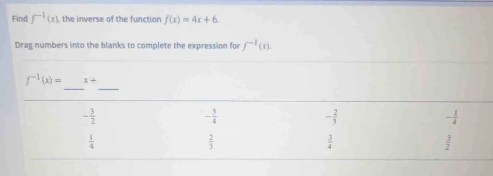 find $f^{-1}(x)$, the inverse of the function $f(x) = 4x + 6$. drag num…