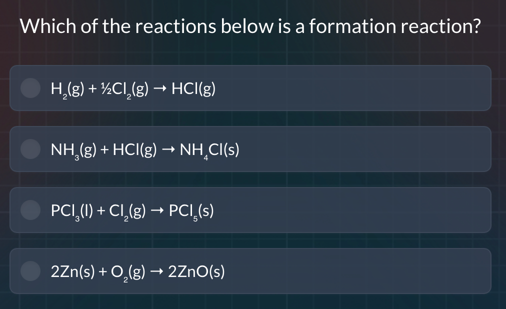 which of the reactions below is a formation reaction? h₂(g) + ½cl₂(g) →…